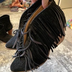 Fringe black suede booties